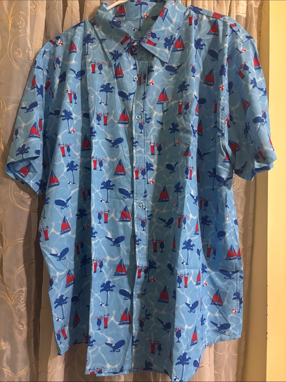 Casual Light Blue Tropical Print Short-Sleeve Button-Down Shirt